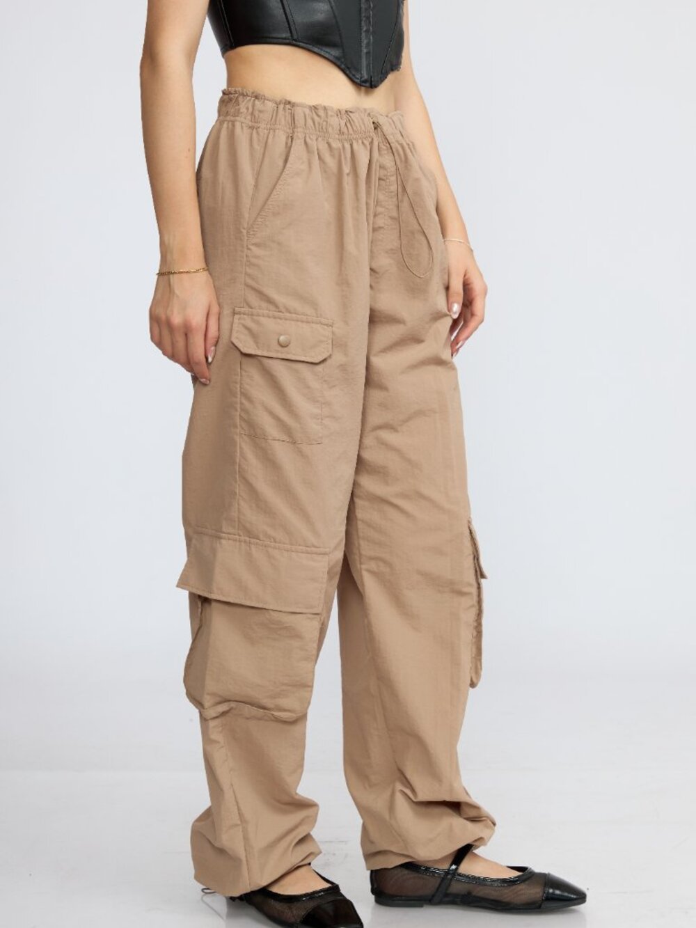 Women's Lightweight Nylon Cargo Pants, Wide Leg Drawstring Utility Pants - Picture 6 of 7